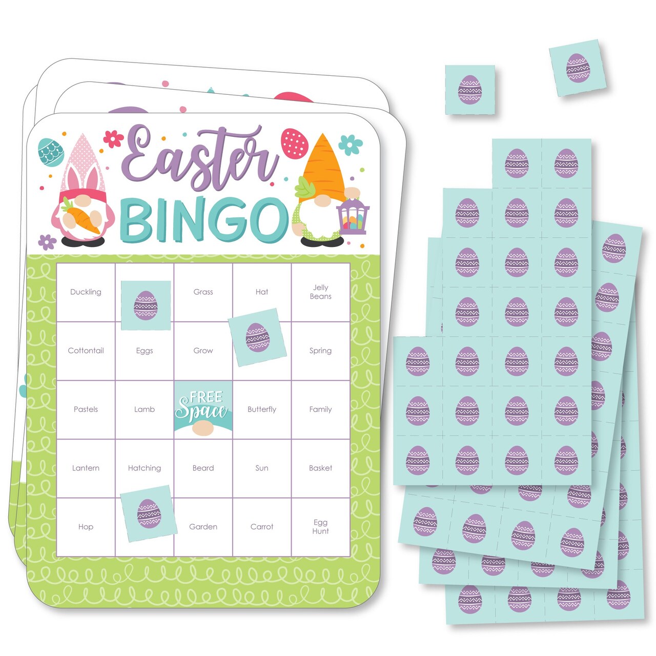 Big Dot of Happiness Easter Gnomes - Bingo Cards and Markers - Spring Bunny Party Shaped Bingo Game - Set of 18